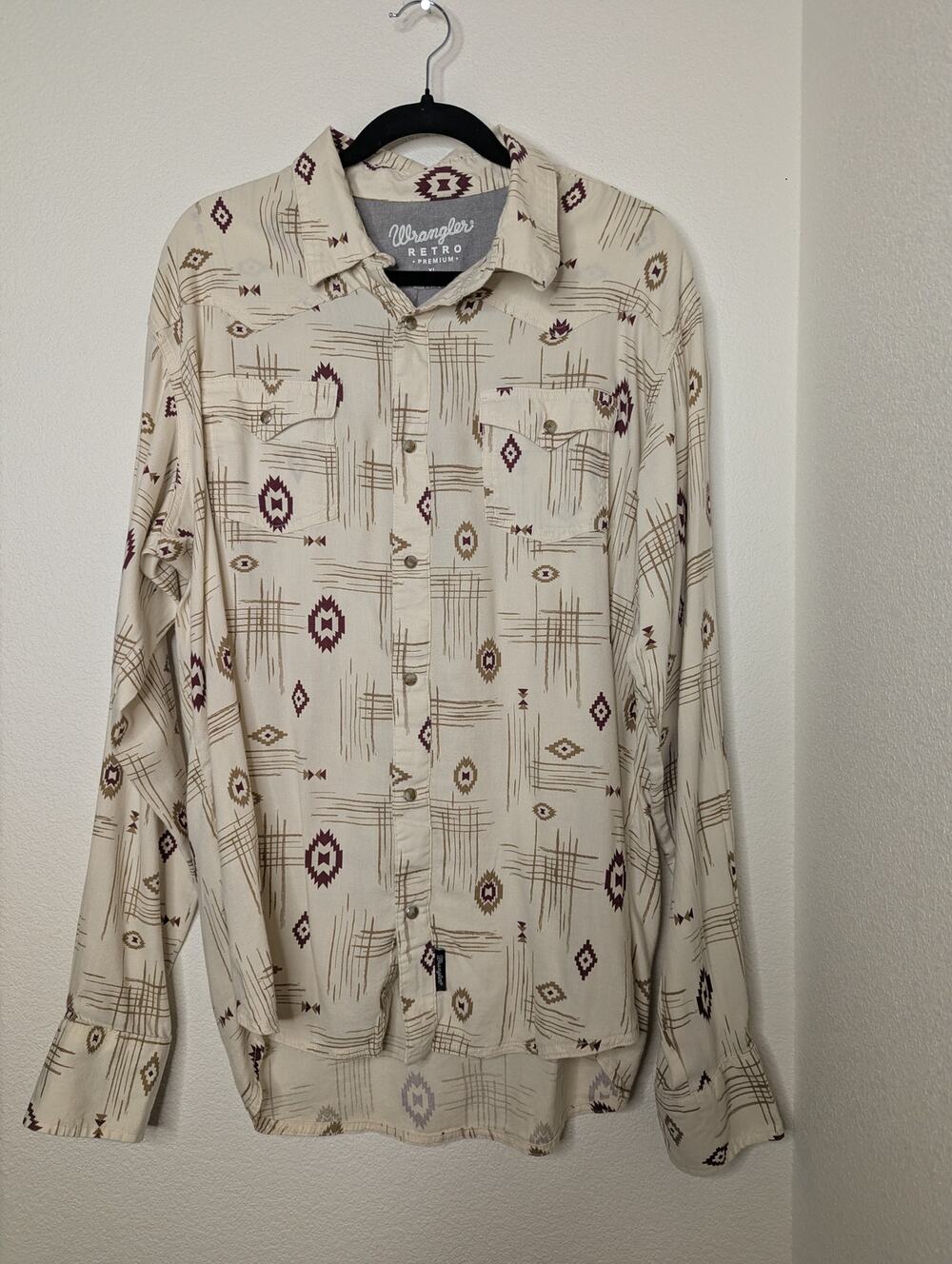Wrangler Retro Men's Long-Sleeved Top XL Pearl Snaps Western Geometric Aztec
